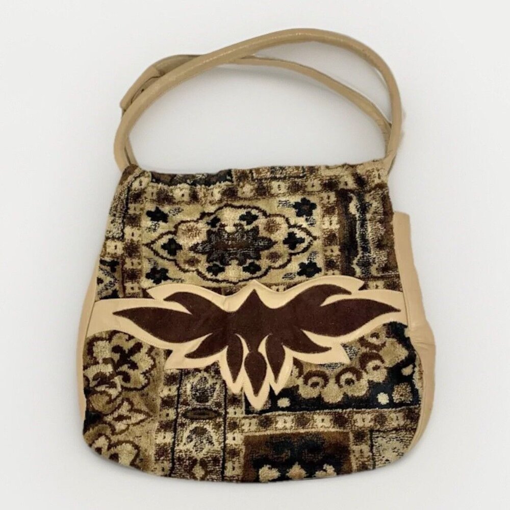 Tapestry Fuzzy Fabric Shoulder Handbag Leather Suede Trim + Tribal Design VTG